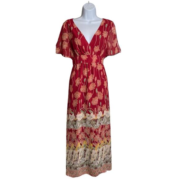 Madewell Women's Red Tulip Sleeve Floral Maxi Dress Size 6P Cottagecore Country - Picture 1 of 12